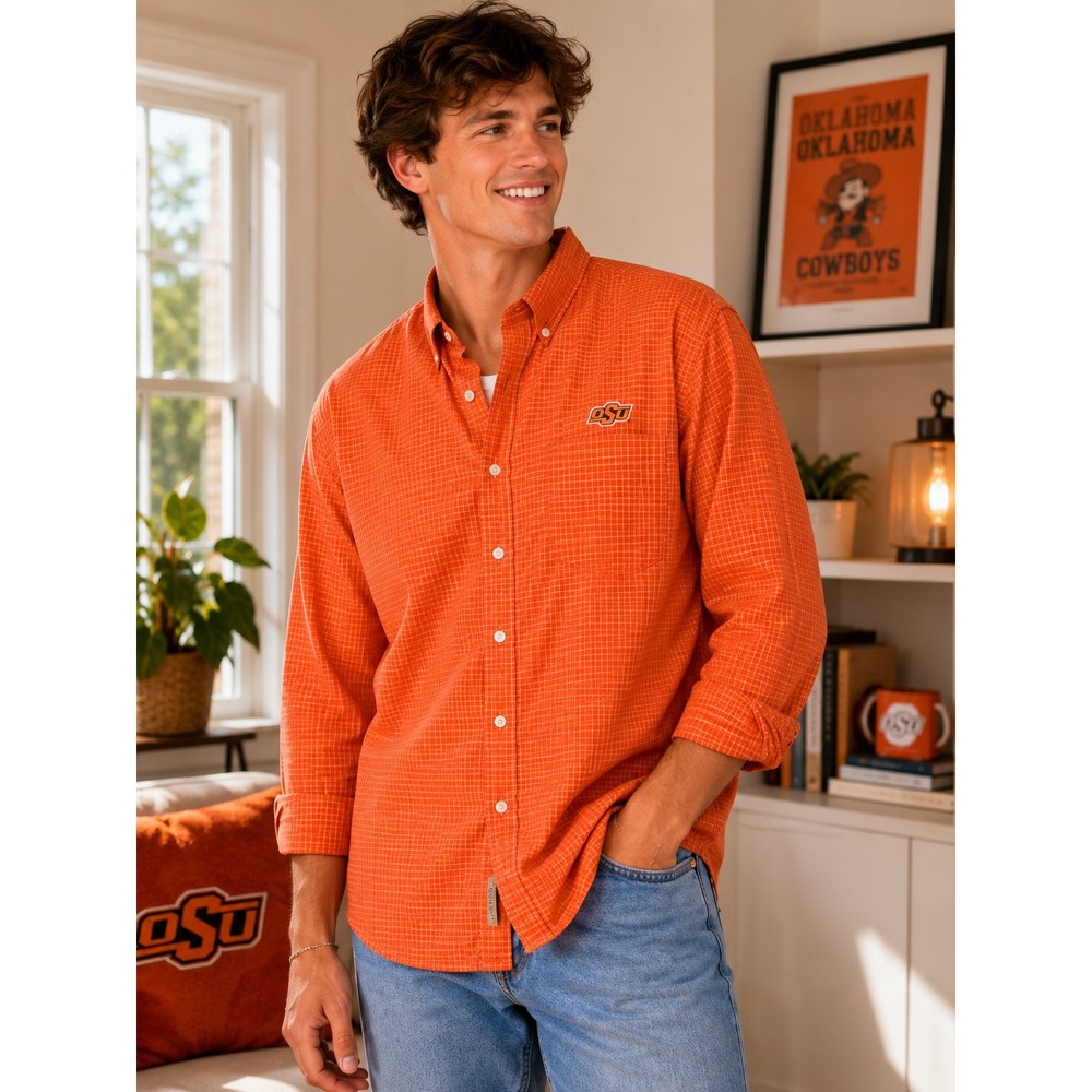 Vintage VESI Sportswear Orange Plaid Button Down Shirt OSU Cowboys Logo - Size L